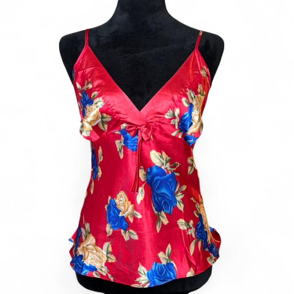 90s Red Satin Floral Cami Top – Vintage Coquette Rose Tank XL